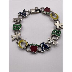 Mexico 925 Silver Enamel‎ ABC Teacher Children Kids Chain Bracelet Vintage A277